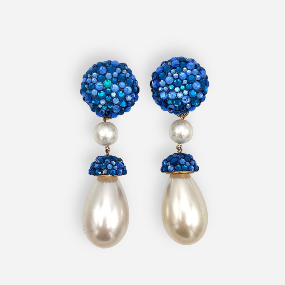 Vintage James Arpad Clip On Earrings Rhinestone‎ Pearl Couture 3.5" Drop Dangle